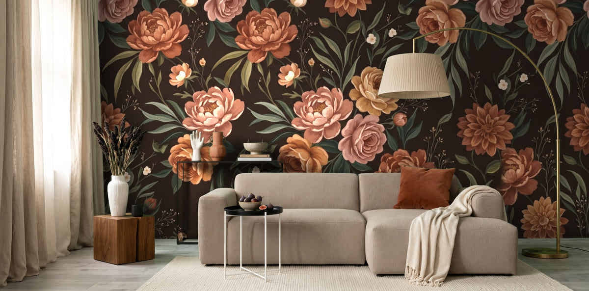 Papier peint Fleurs de velours – Chocolat dans un salon avec lampadaire arc