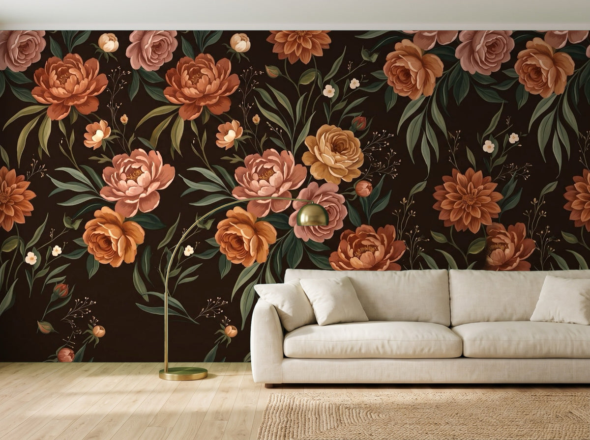 Papier peint Fleurs de velours – Chocolat en situation (salon)