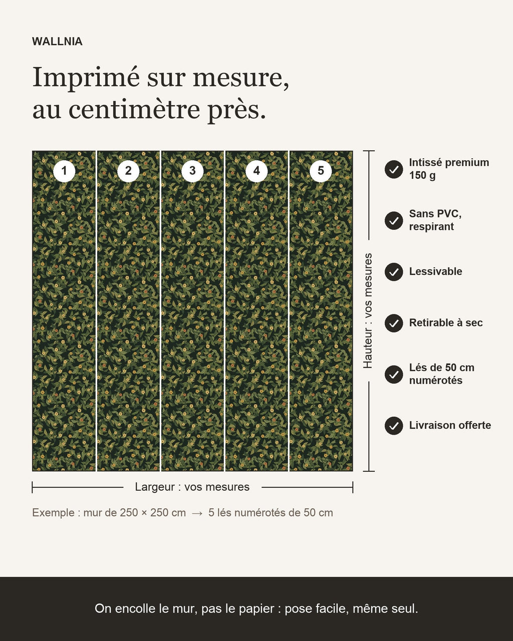 Infographie : papier peint Feuillage – Olive sombre sur mesure, lés de 50 cm