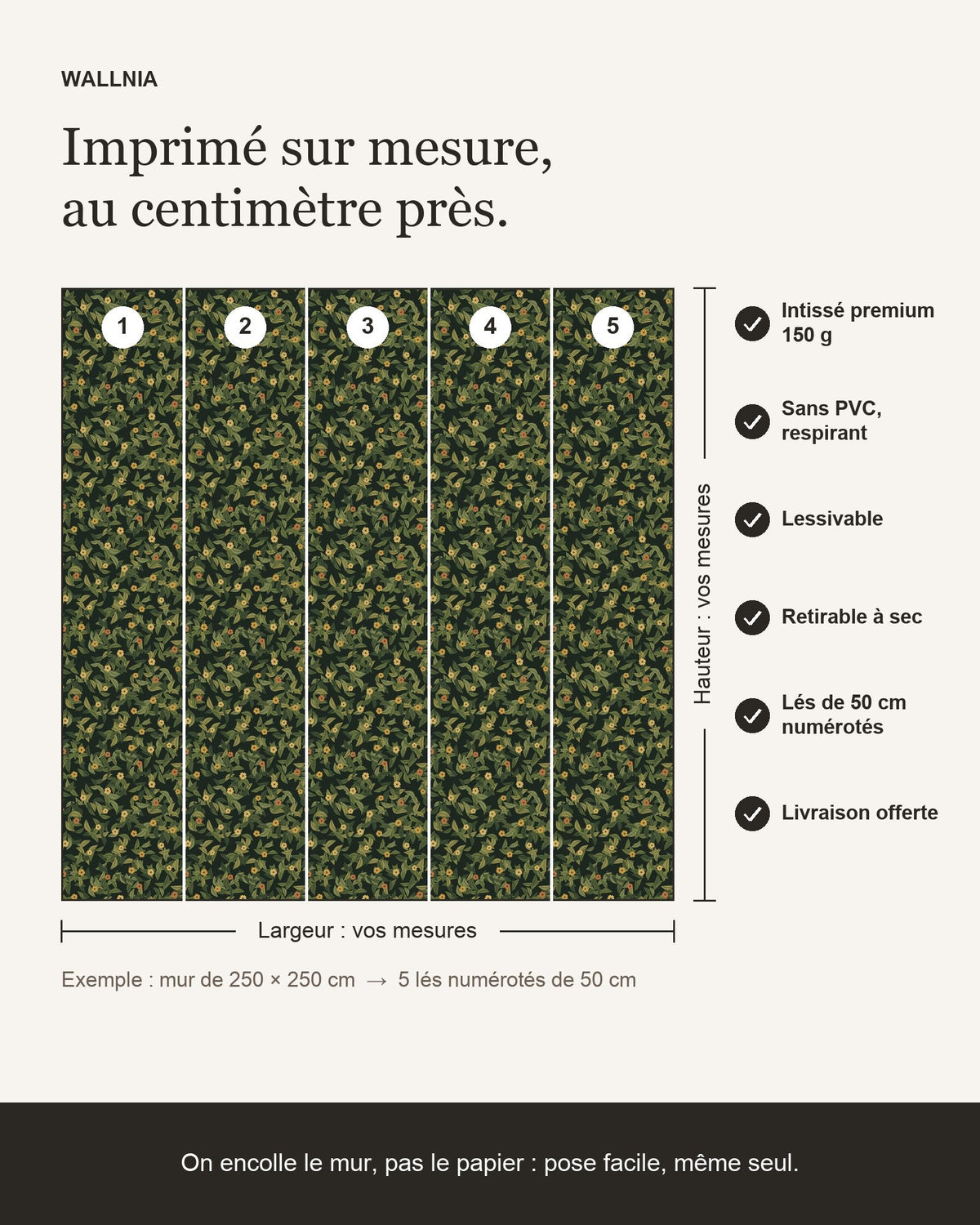 Infographie : papier peint Feuillage – Olive sombre sur mesure, lés de 50 cm