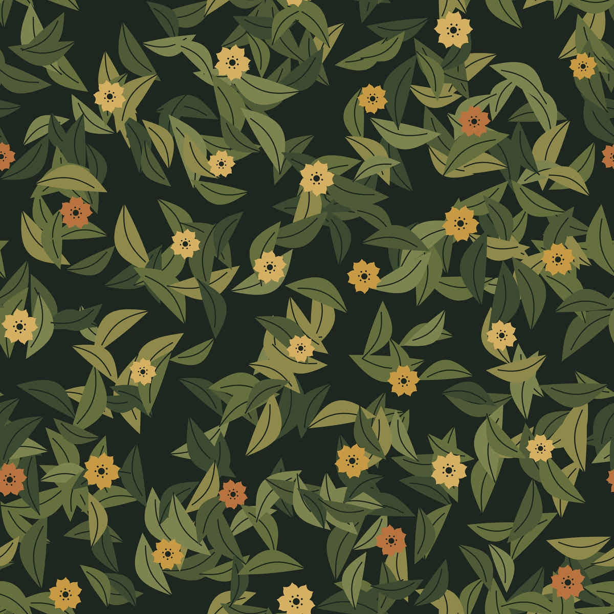 Papier peint Feuillage – Olive sombre, motif feuillage olive et petites fleurs dorées