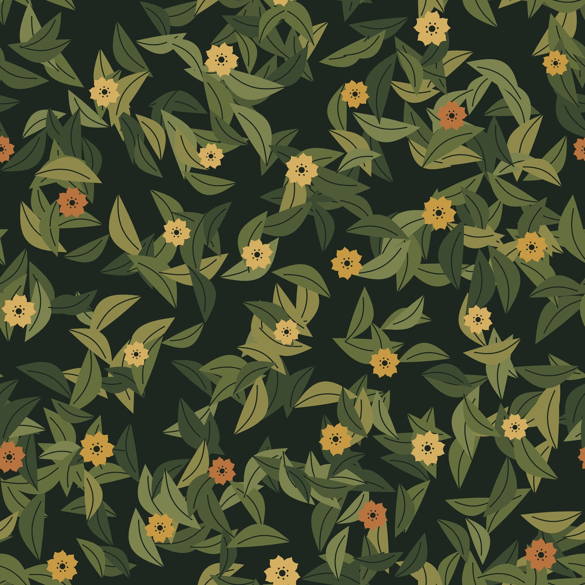 Papier peint Feuillage – Olive sombre, motif feuillage olive et petites fleurs dorées