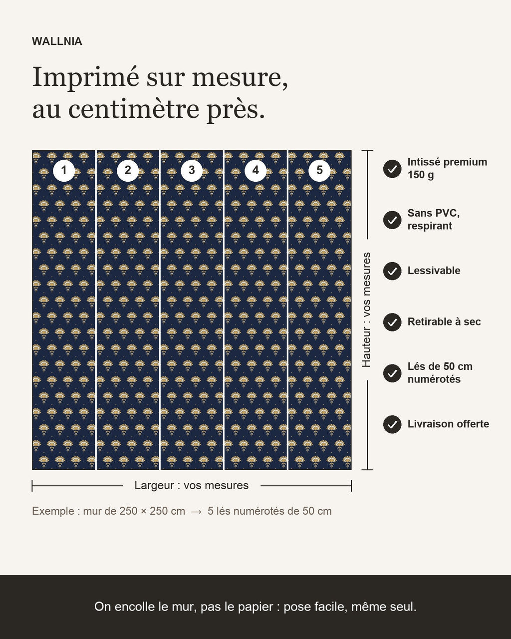 Infographie : papier peint Fleurs Art déco – Nuit et or sur mesure, lés de 50 cm