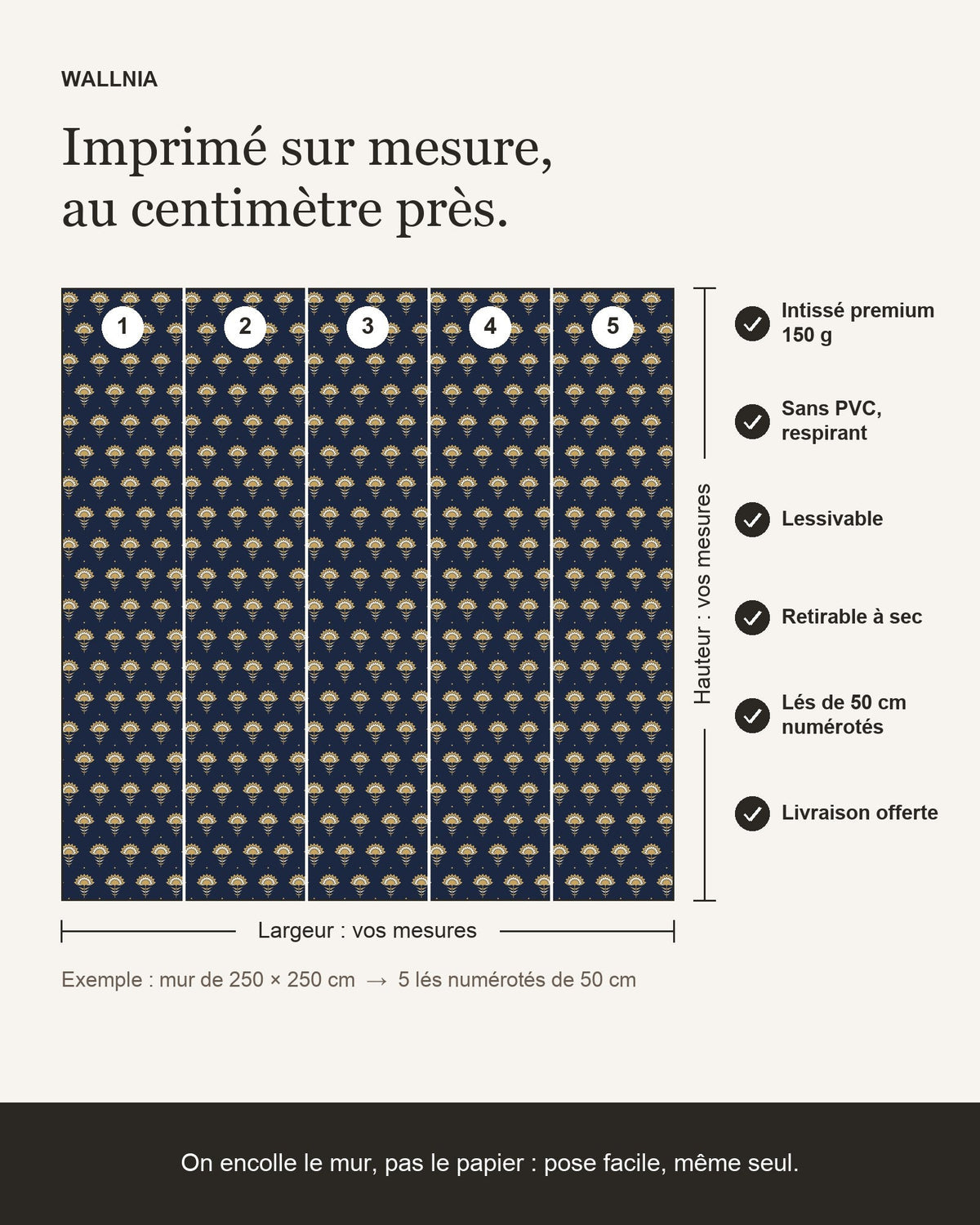 Infographie : papier peint Fleurs Art déco – Nuit et or sur mesure, lés de 50 cm