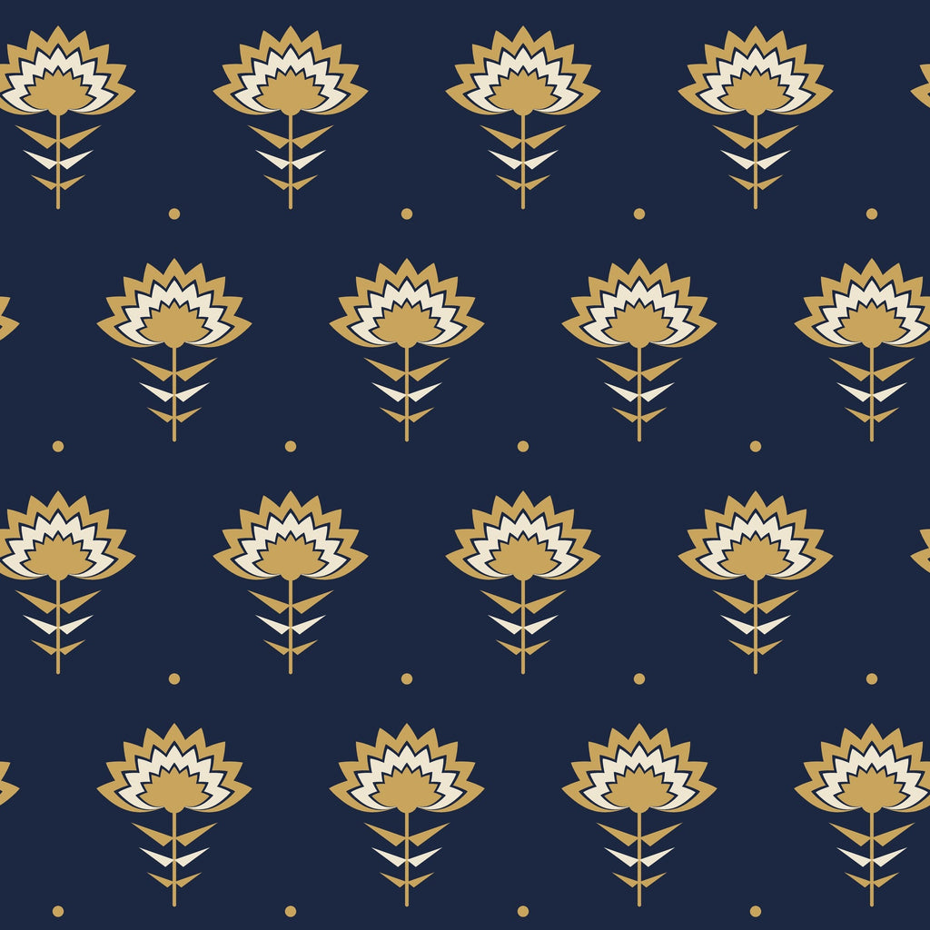 Papier peint Fleurs Art déco – Nuit et or, motif fleurs Art déco or sur fond bleu nuit