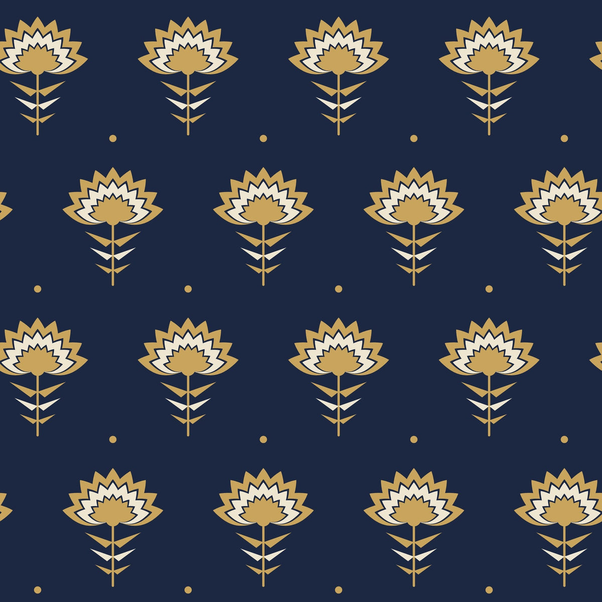 Papier peint Fleurs Art déco – Nuit et or, motif fleurs Art déco or sur fond bleu nuit