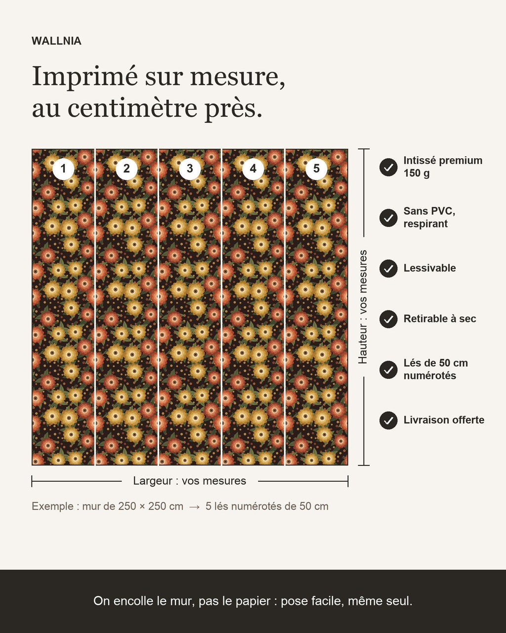 Infographie : papier peint Fleurs de nuit – Terracotta sur mesure, lés de 50 cm