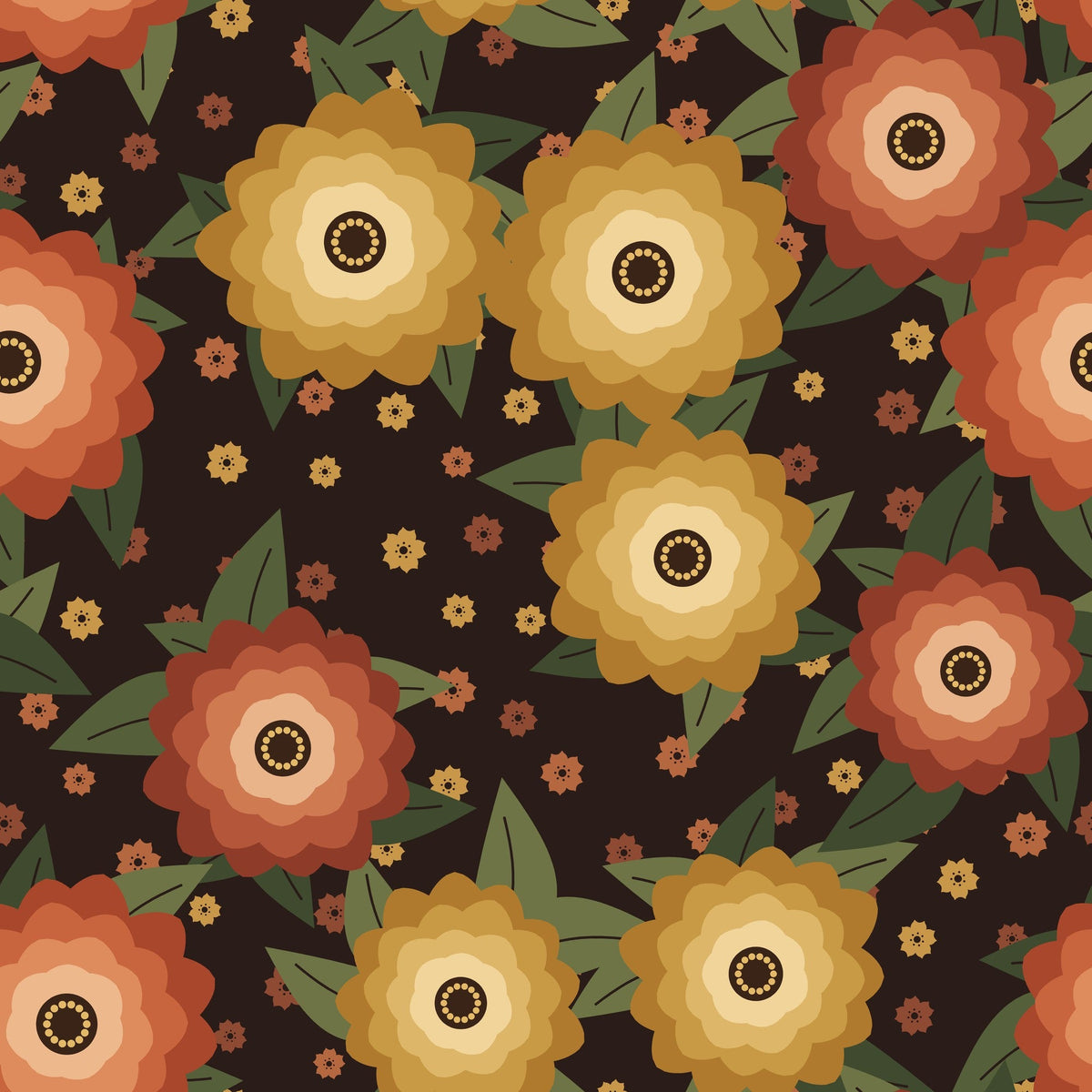 Papier peint Fleurs de nuit – Terracotta, motif grandes fleurs terracotta sur fond sombre