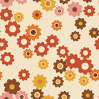 Papier peint Flower power 70s, motif marguerites rétro orange et moutarde
