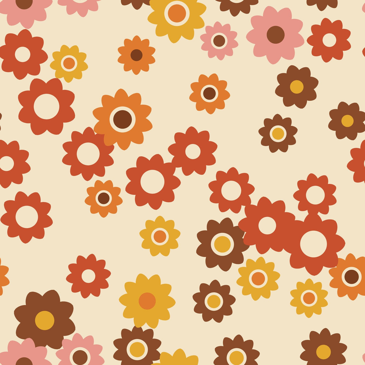 Papier peint Flower power 70s, motif marguerites rétro orange et moutarde