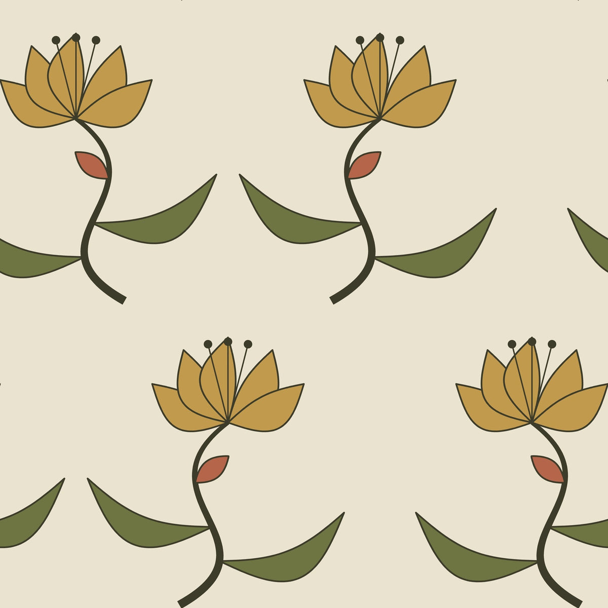 Papier peint Lys Art nouveau – Olive et or, motif lys dorés Art nouveau sur fond ivoire