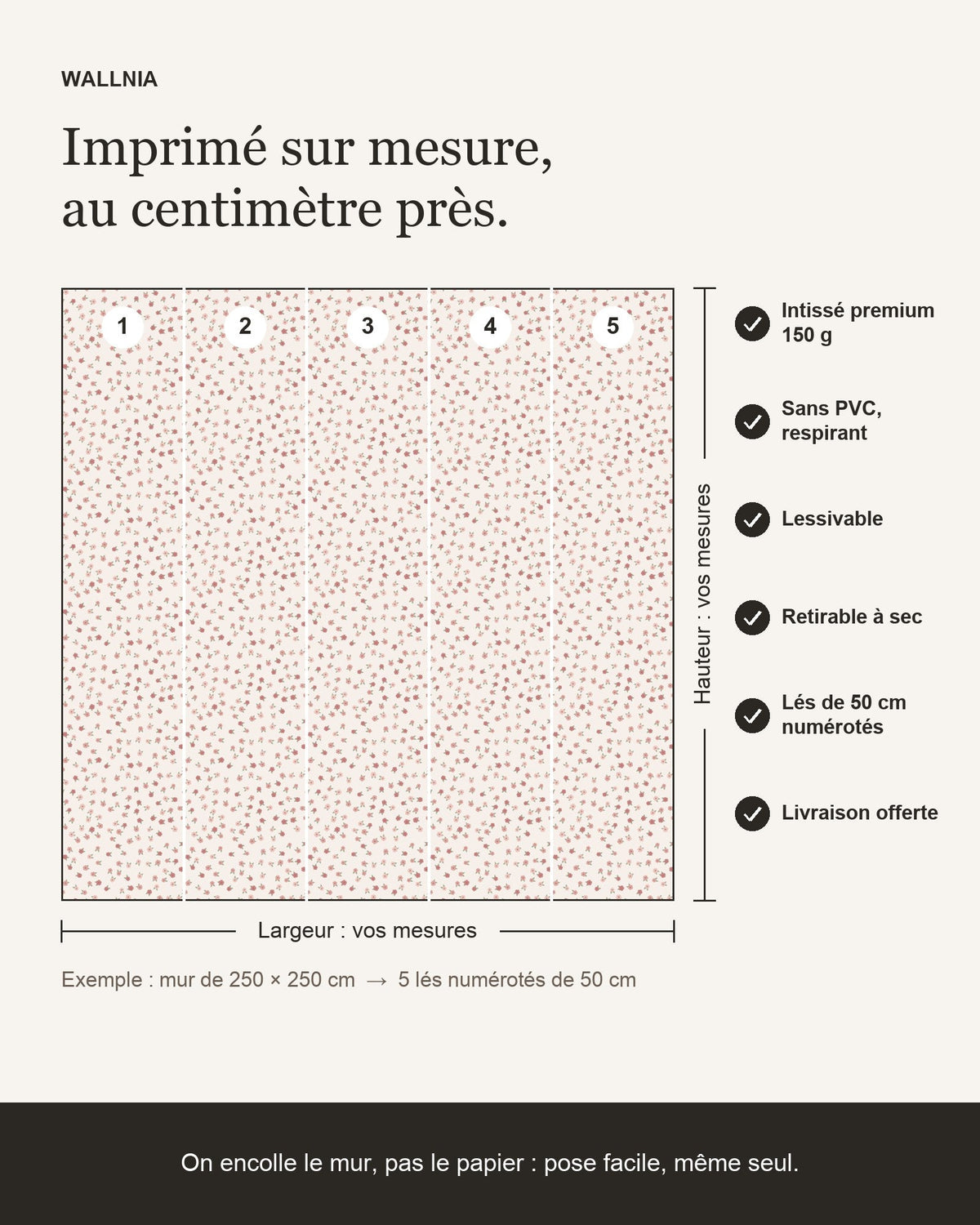 Infographie : papier peint Petites fleurs – Poudré sur mesure, lés de 50 cm
