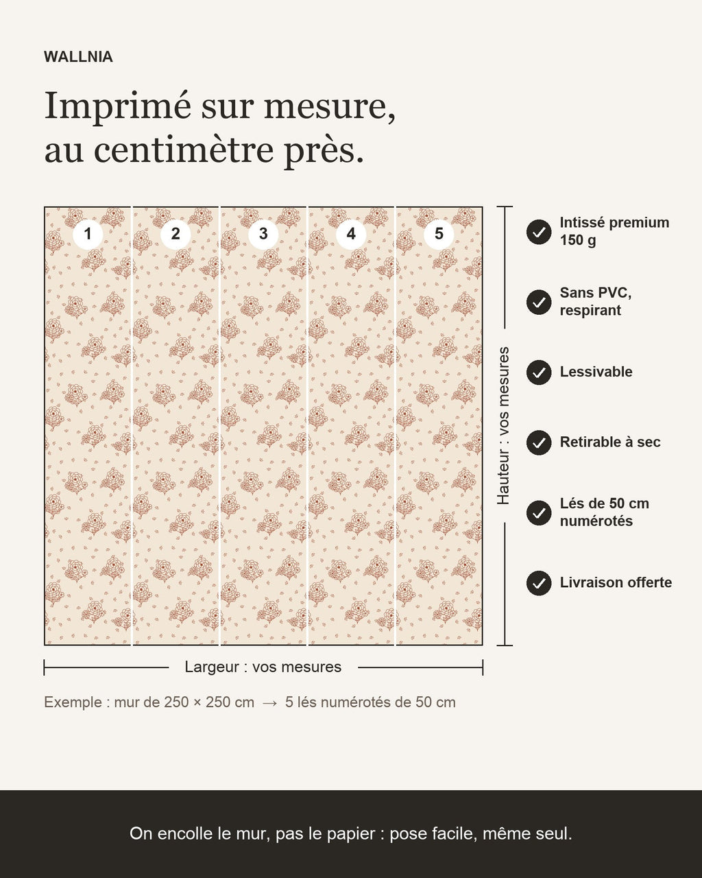 Infographie : papier peint Toile florale – Terracotta sur mesure, lés de 50 cm