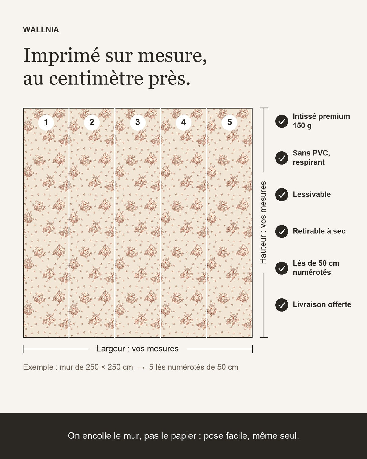 Infographie : papier peint Toile florale – Terracotta sur mesure, lés de 50 cm