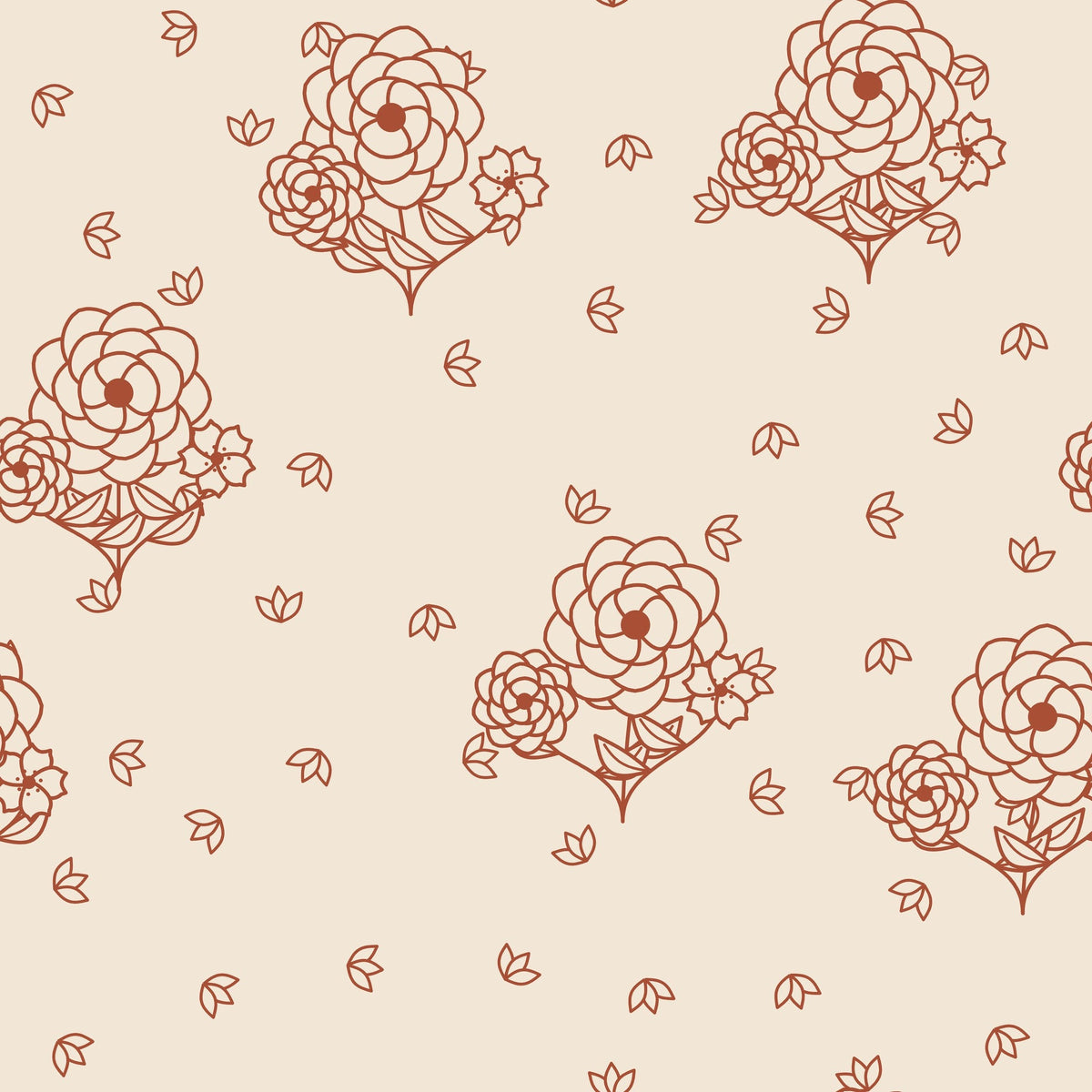Papier peint Toile florale – Terracotta, motif bouquets au trait terracotta sur fond écru