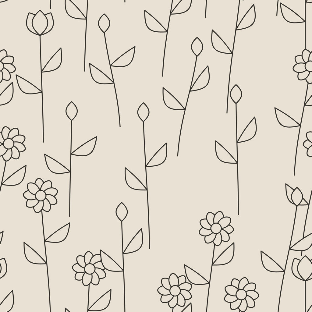 Papier peint Trait japandi – Lin, motif fleurs au trait fin sur fond lin