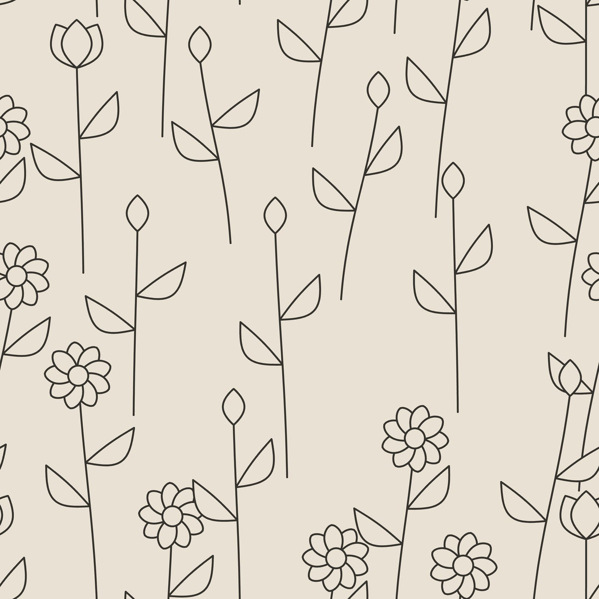 Papier peint Trait japandi – Lin, motif fleurs au trait fin sur fond lin