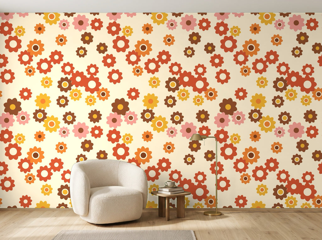 Papier peint Flower power 70s en situation (coin lecture)