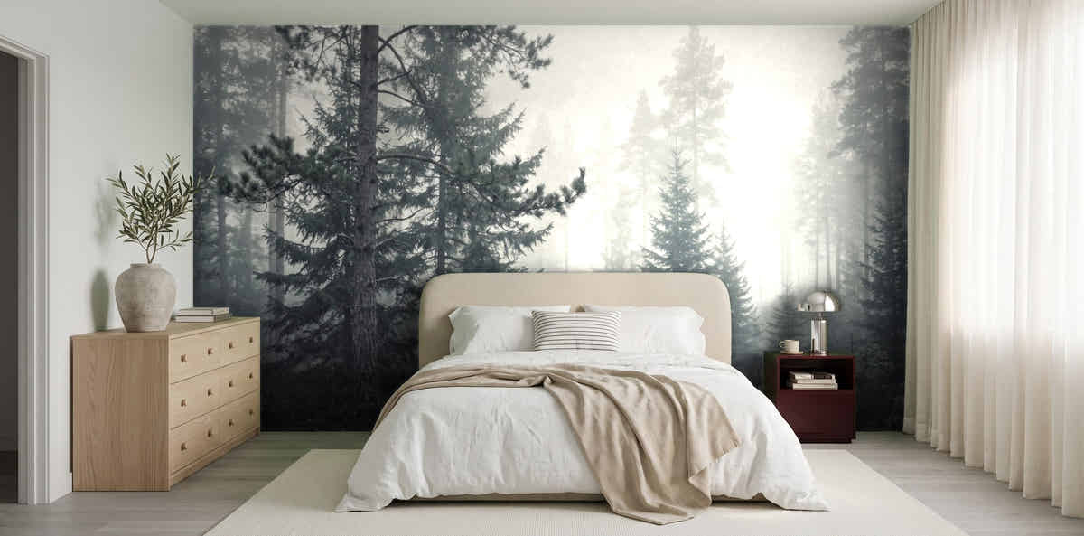 Papier peint Forêt de brume – Pins dans une chambre japandi