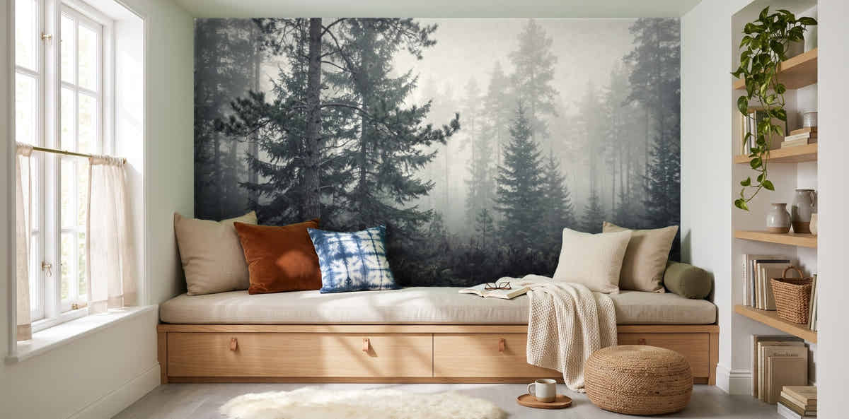 Papier peint Forêt de brume – Pins dans un coin lecture