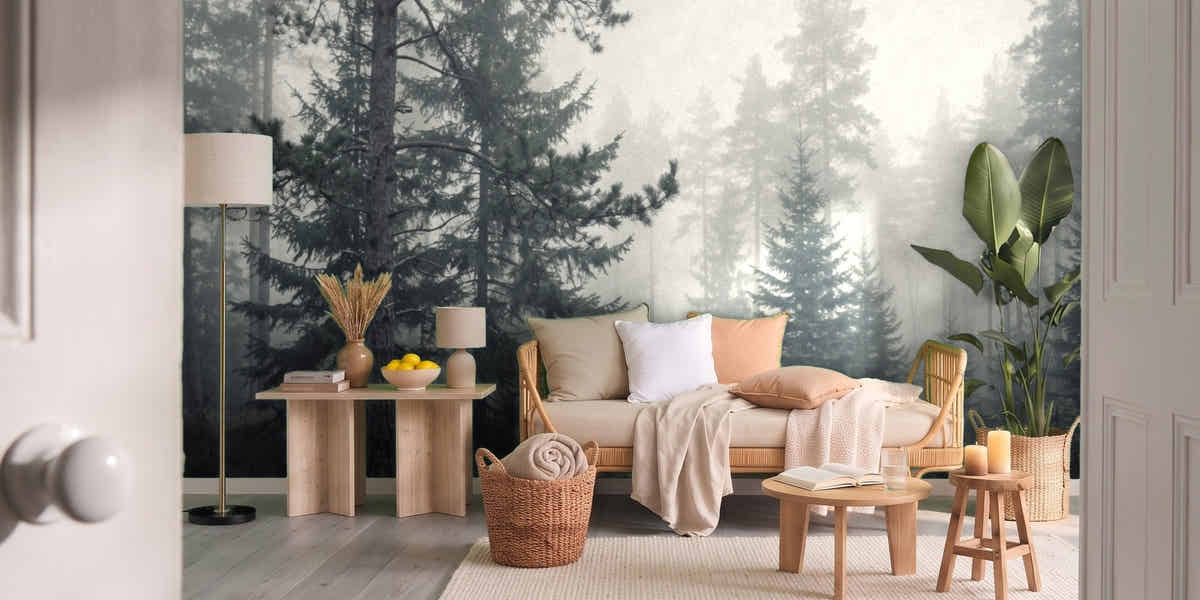 Papier peint Forêt de brume – Pins dans un salon vu par la porte