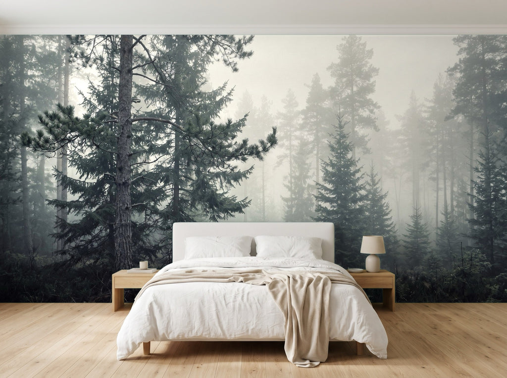 Papier peint Forêt de brume – Pins en situation (chambre)