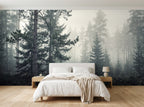 Papier peint Forêt de brume – Pins en situation (chambre)