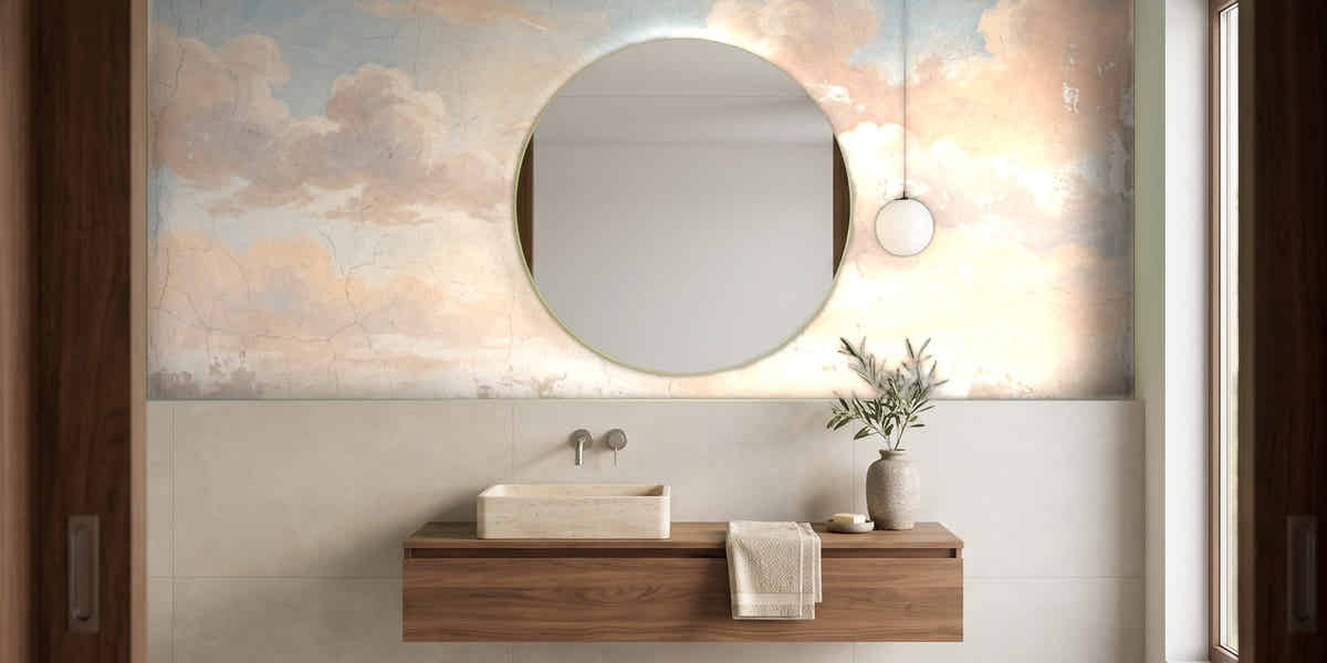 Papier peint Fresque de nuages – Ciel ancien dans une salle de bain