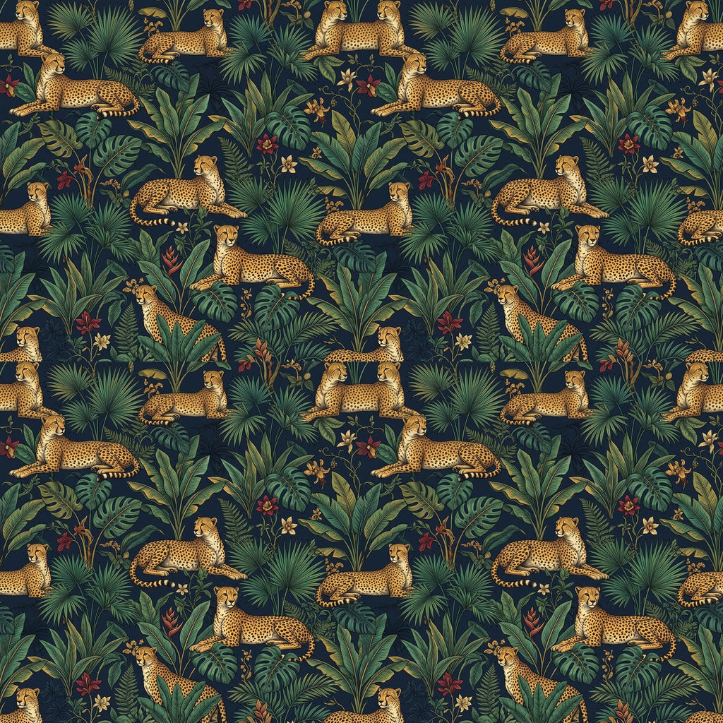 Papier peint Guépards de jungle – Bleu nuit – motif