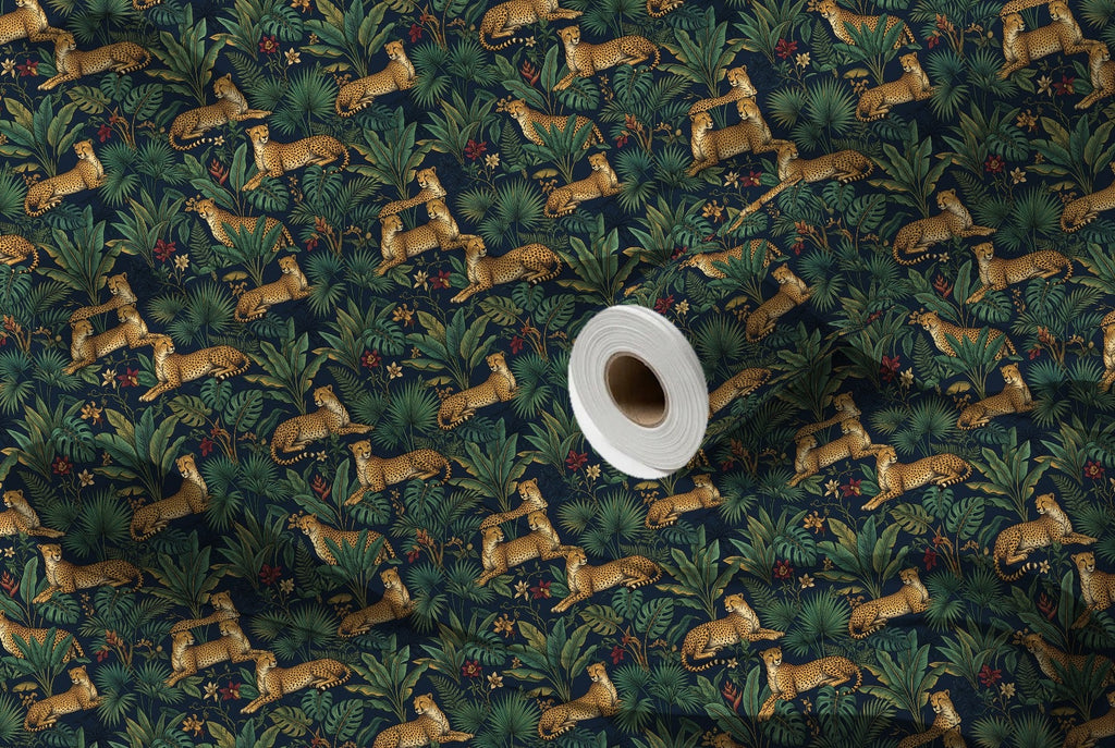 Papier peint Guépards de jungle – Bleu nuit – rouleau et lés