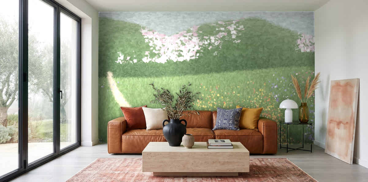 Papier peint Jardin impressionniste dans un salon avec baie vitrée