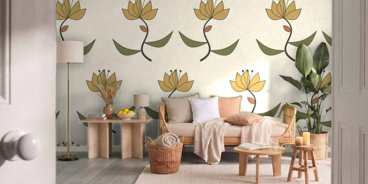Papier peint Lys Art nouveau – Olive et or dans un salon vu par la porte