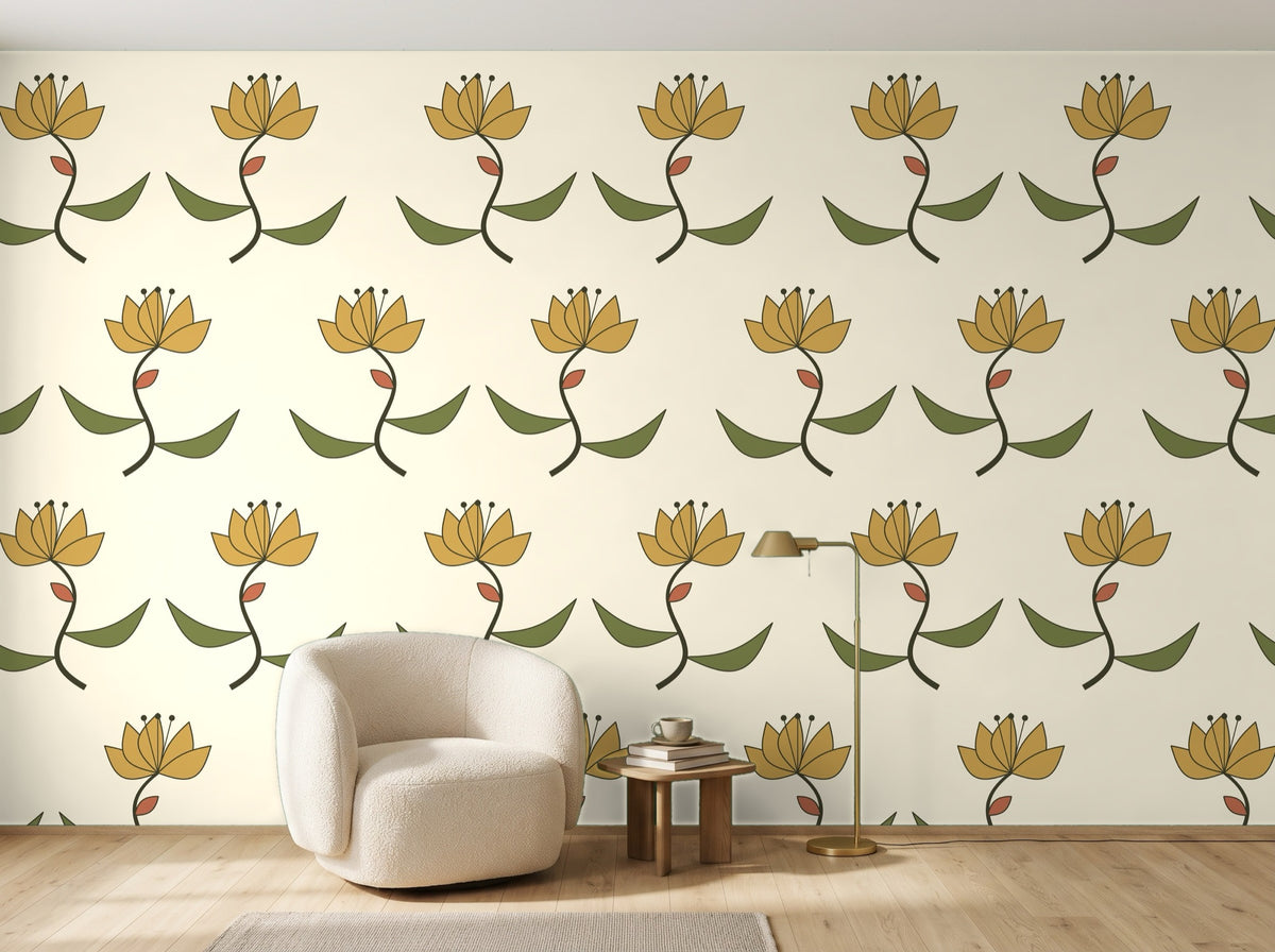Papier peint Lys Art nouveau – Olive et or en situation (coin lecture)
