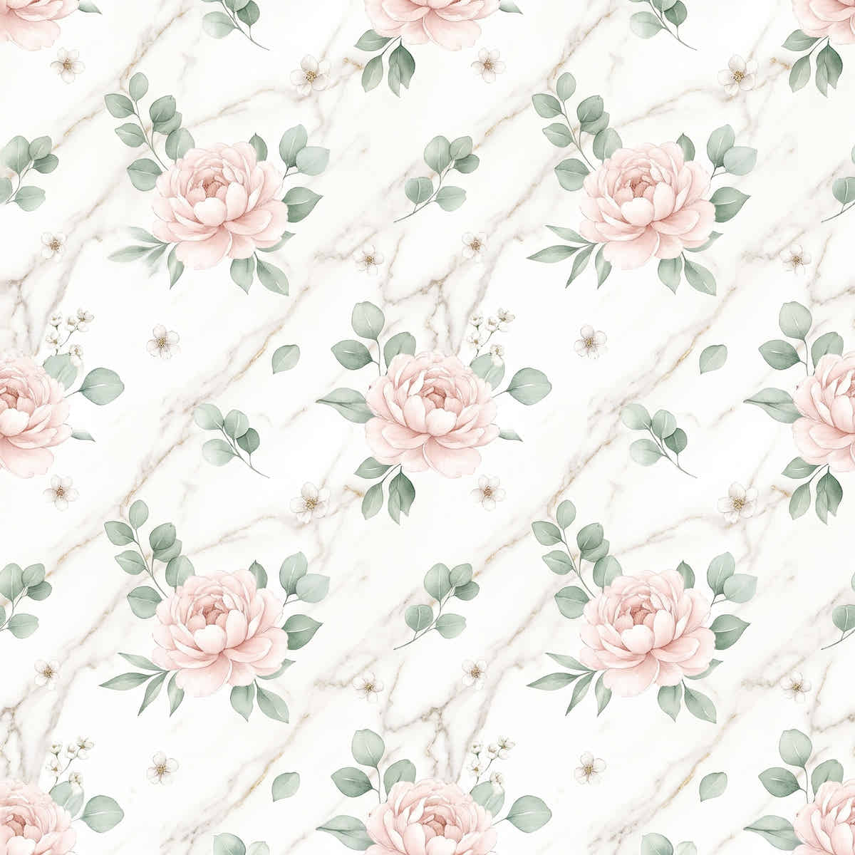Papier peint Marbre et pivoines – Blush, motif marbre blanc et pivoines rose poudré