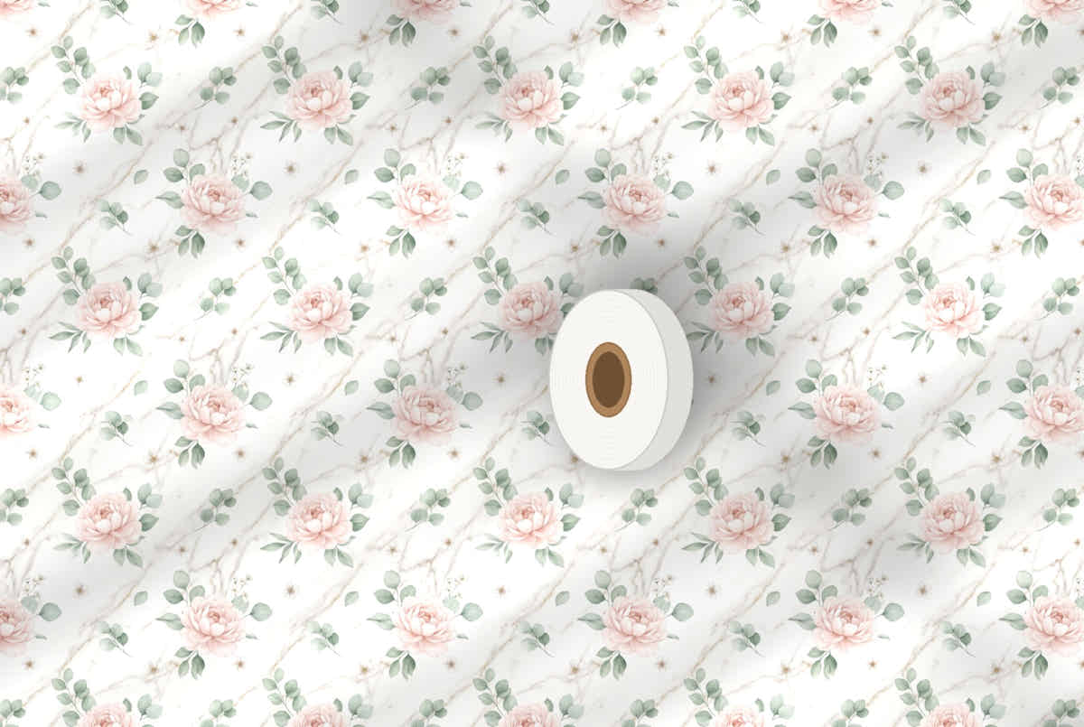 Rouleau de papier peint Marbre et pivoines – Blush, intissé premium