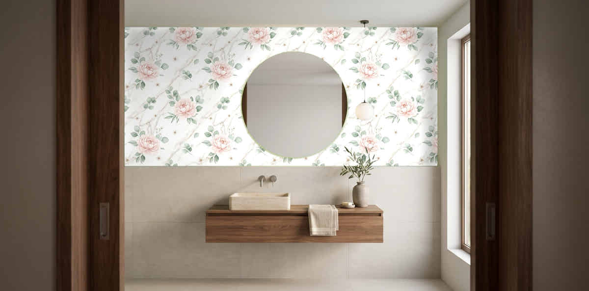 Papier peint Marbre et pivoines – Blush dans une salle de bain