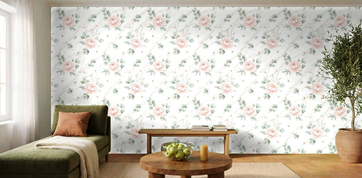 Papier peint Marbre et pivoines – Blush dans un salon lumineux
