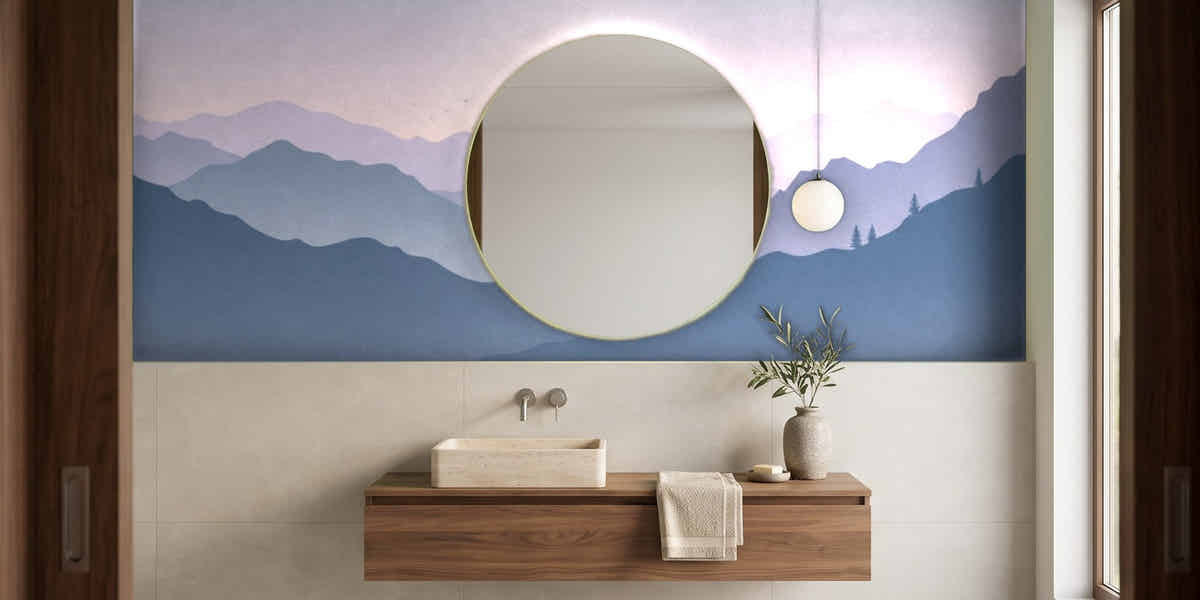 Papier peint Montagnes en strates – Lilas dans une salle de bain