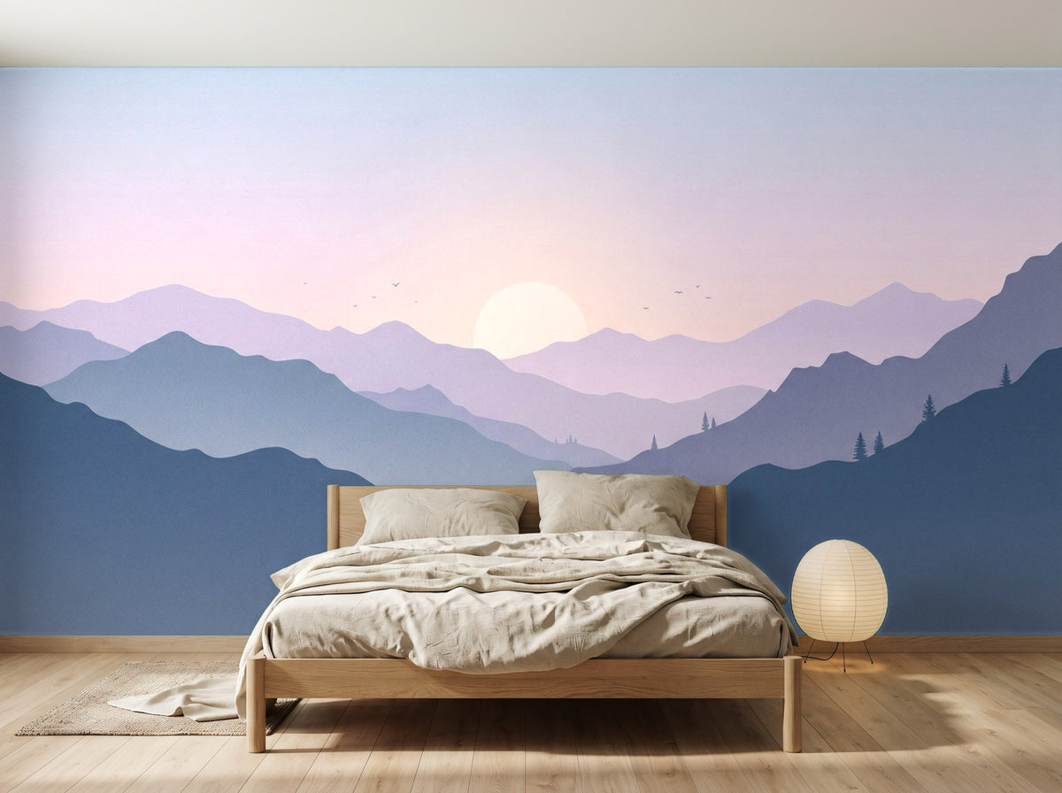 Papier peint Montagnes en strates – Lilas en situation (chambre)