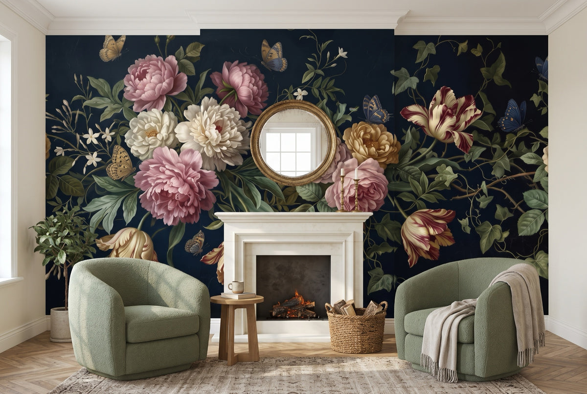 Papier peint Nocturne baroque – Bleu nuit dans un salon avec cheminée