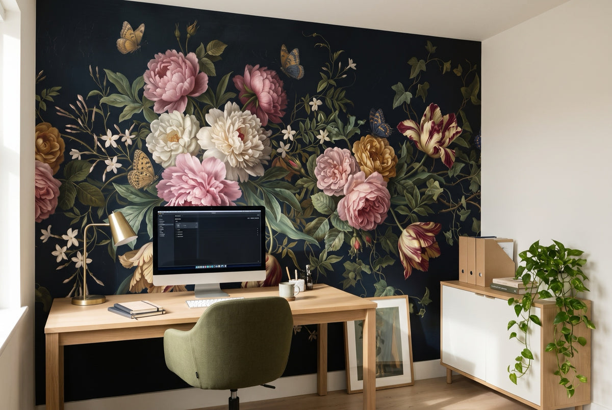 Papier peint Nocturne baroque – Bleu nuit dans un bureau