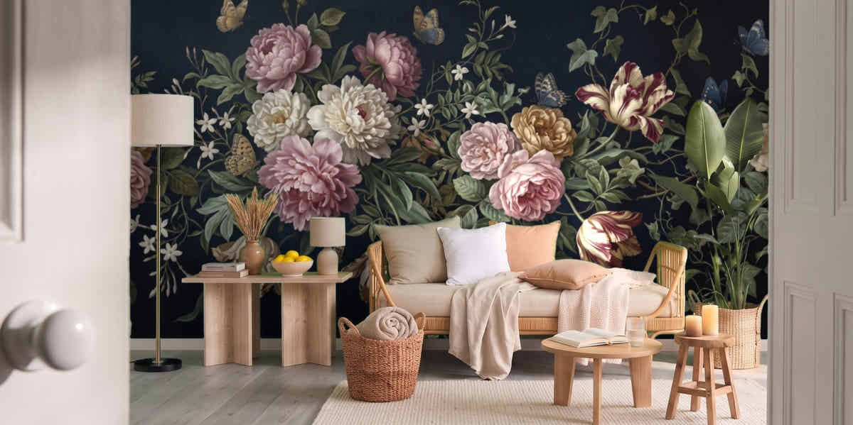 Papier peint Nocturne baroque – Bleu nuit dans un salon vu par la porte