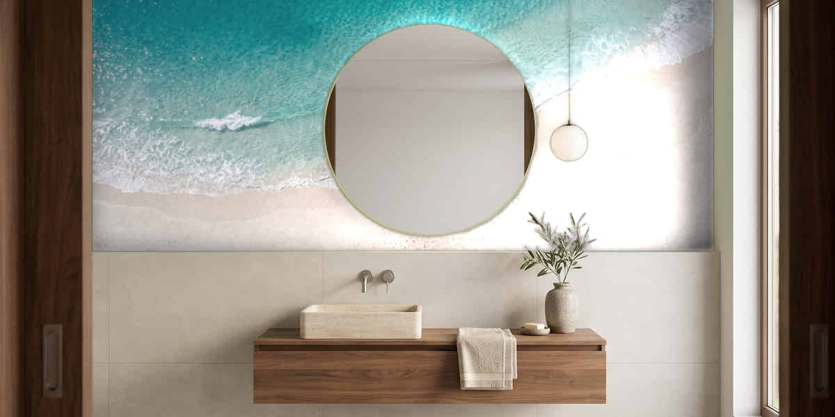 Papier peint Océan vu du ciel – Turquoise dans une salle de bain