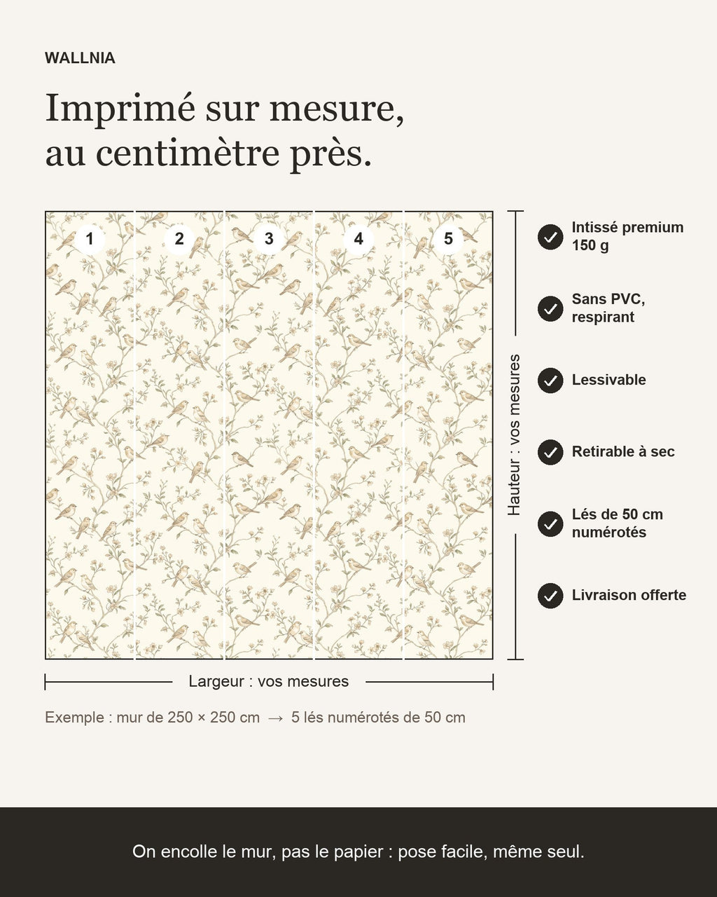 Papier peint Oiseaux sur branches – Sauge – infographie de pose