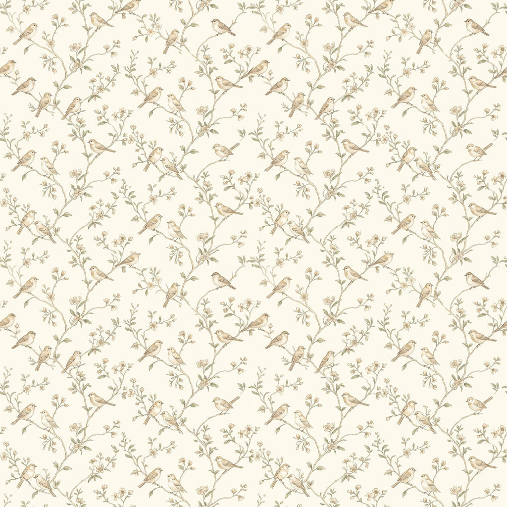 Papier peint Oiseaux sur branches – Sauge – motif
