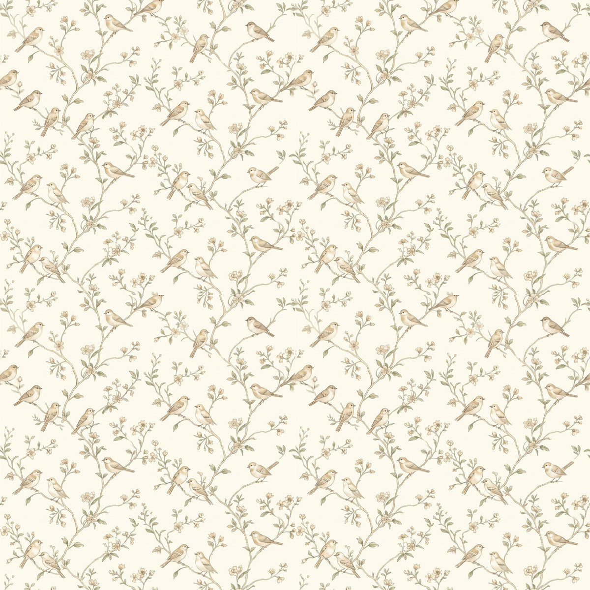 Papier peint Oiseaux sur branches – Sauge – motif