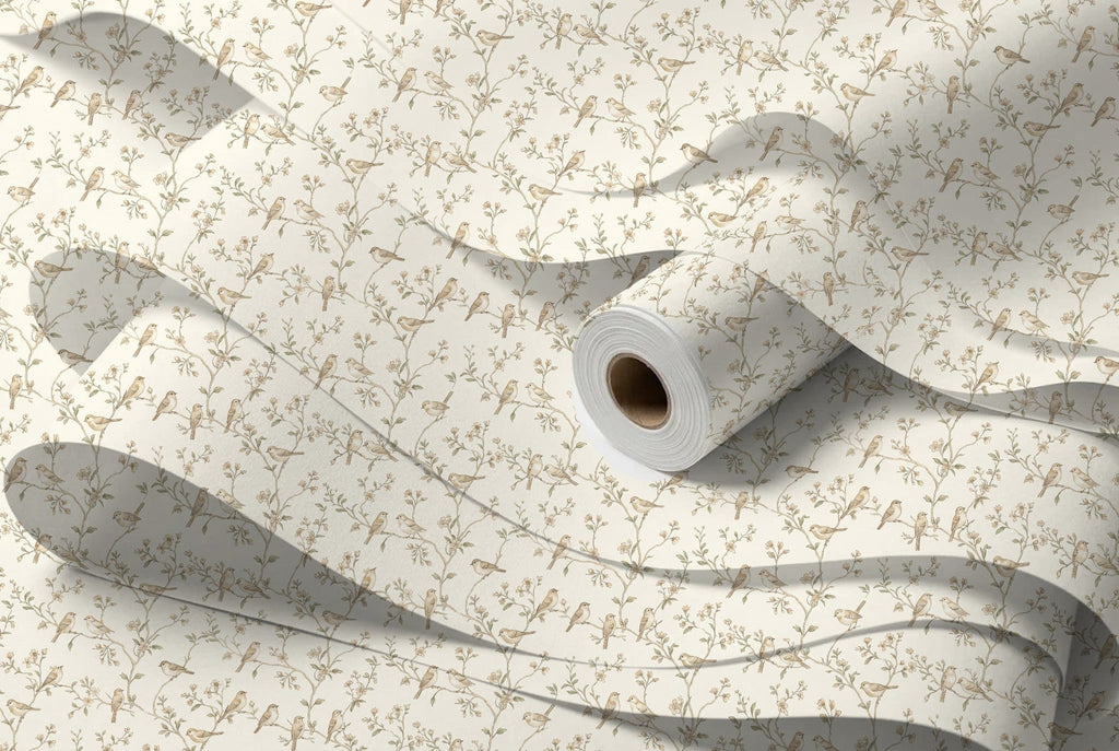 Papier peint Oiseaux sur branches – Sauge – rouleau et lés