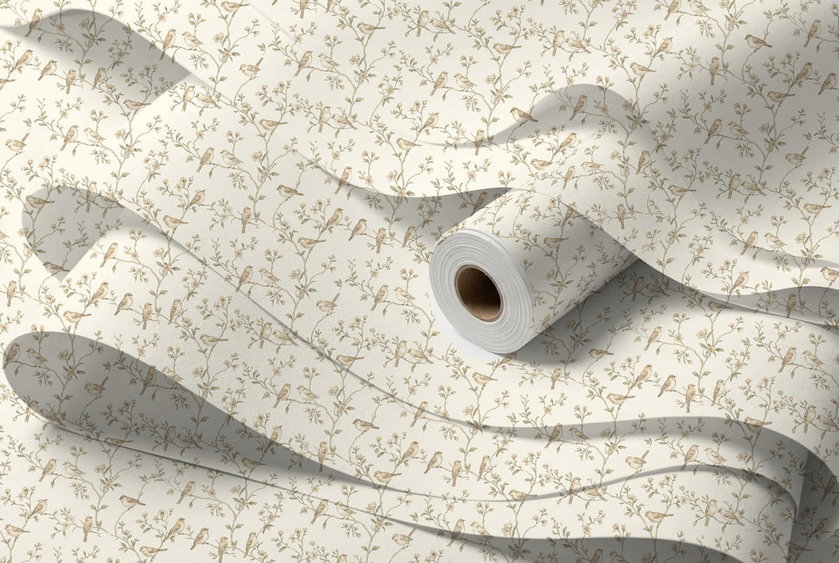 Papier peint Oiseaux sur branches – Sauge – rouleau et lés