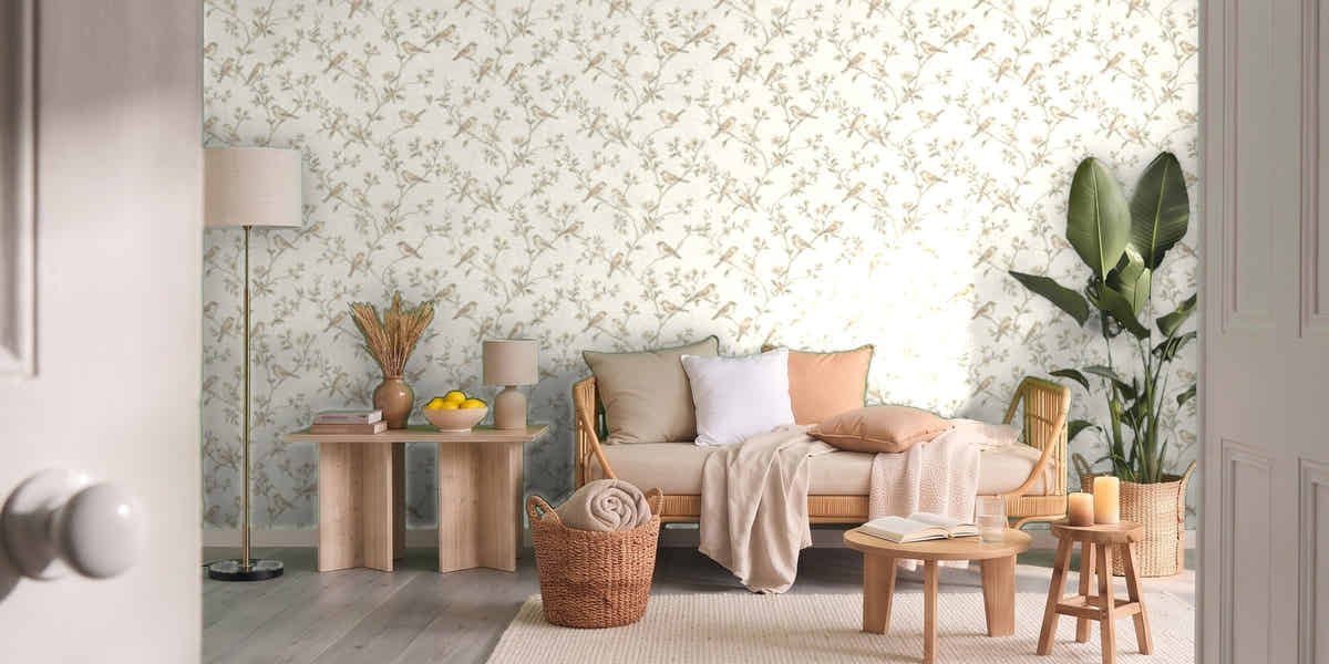 Papier peint Oiseaux sur branches – Sauge dans un salon vu par la porte