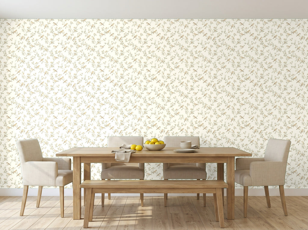 Papier peint Oiseaux sur branches – Sauge en situation (salle à manger)